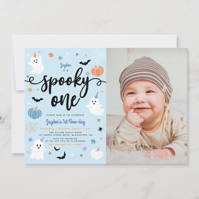 Spooky One Cute Ghost Halloween 1st Birthday Photo Invitation (Front)