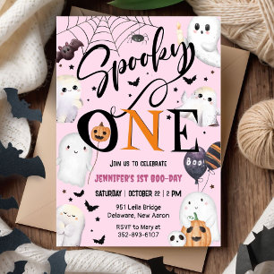 Spooky One! Cute Ghost Pink Halloween 1st Birthday Invitation
