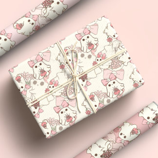 Spooky One Cute Ghost with Pink Bows Wrapping Paper Sheet