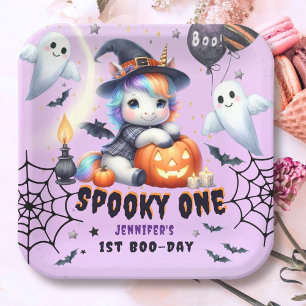 Spooky ONE Cute Girl Purple Halloween 1st Birthday Paper Plate