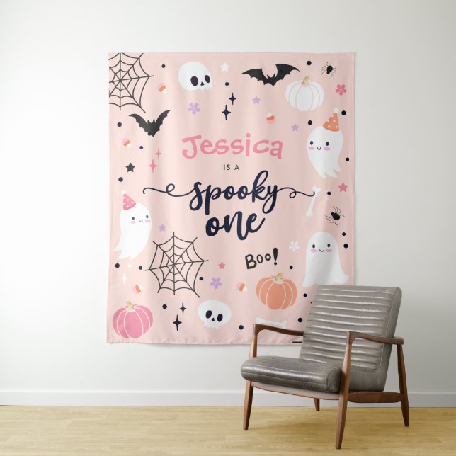 Spooky One Cute Halloween Ghost 1st Birthday Banne Tapestry (In Situ)
