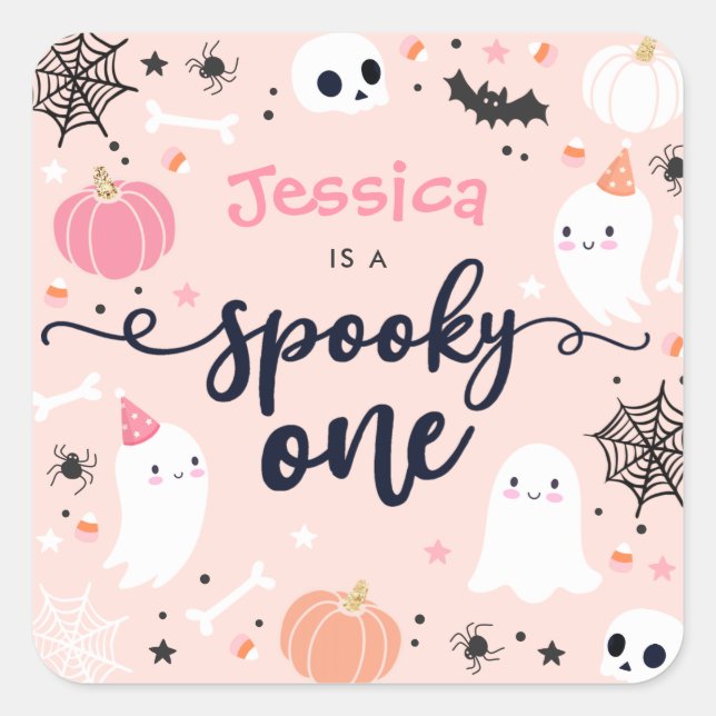 Spooky One Cute Halloween Ghost 1st Birthday Favou Square Sticker (Front)
