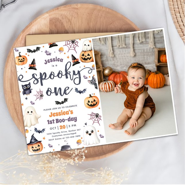 Spooky One Cute Halloween Ghost 1st Birthday Photo Invitation (Creator Uploaded)