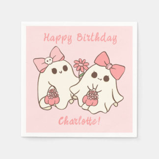 Spooky One Cute Pink Ghost & Bows 1st Birthday Napkin