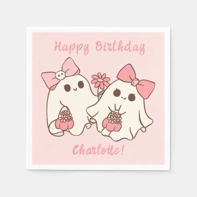 Spooky One Cute Pink Ghost & Bows 1st Birthday Napkin (Front)