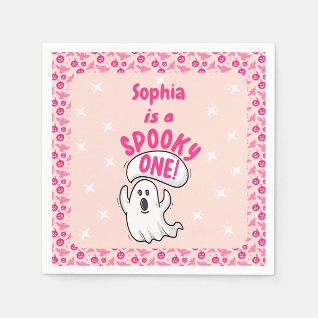 Spooky One Cute Pink Halloween Ghost 1st Birthday Napkin (Front)
