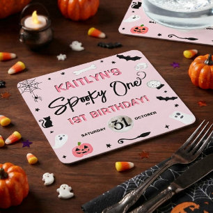 Spooky One! Girls Halloween 1st Birthday Party Square Paper Coaster