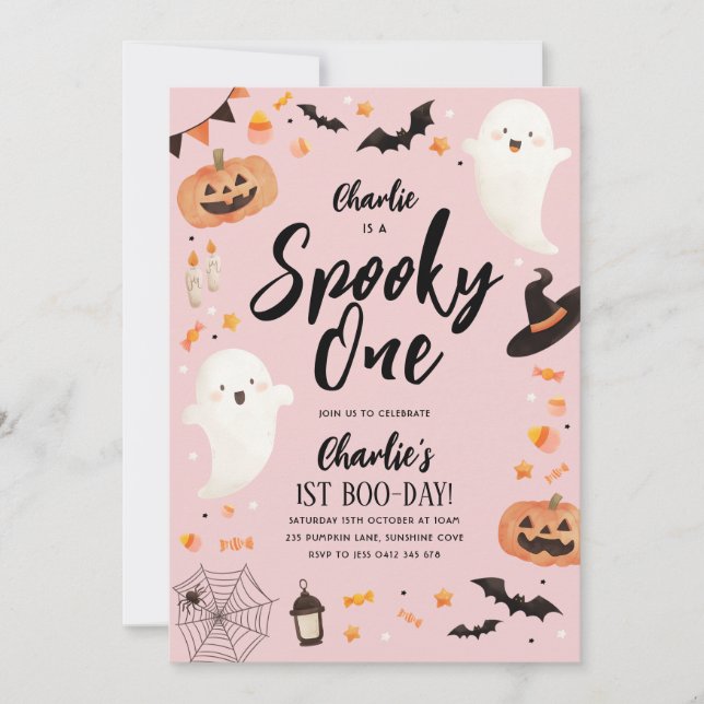 Spooky One Halloween 1st Birthday Girl Pink Ghost Invitation (Front)