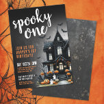 Spooky One Halloween 1st Birthday Invitation<br><div class="desc">Welcome guests to a Halloween-themed 1st birthday party with this fun and simple party invitation. Celebrate your one-year-old in spooktacular fashion with a dark, moody distressed background and bold white and orange fonts. The design includes a black haunted house at the bottom with playful pops of orange from pumpkins and...</div>