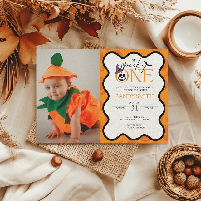 Spooky One Halloween 1st Birthday Photo Invitation (Spooky One 1st Birthday Invitation with Photo - Halloween Themed first birthday)