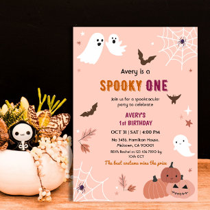 Spooky One Halloween Birthday Ghost Peach bats Invitation