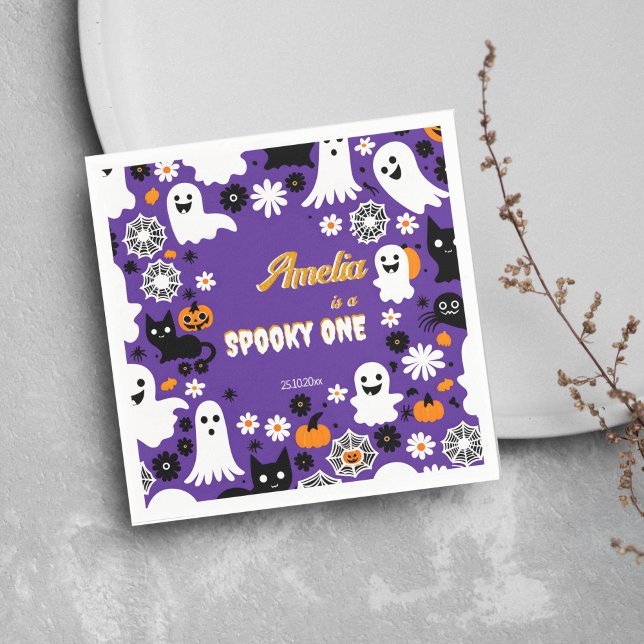 Spooky one Halloween birthday groovy retro daisies Napkin (Spooky one Halloween birthday tableware personalized napkins purple cute ghosts retro daisy pumpkins)