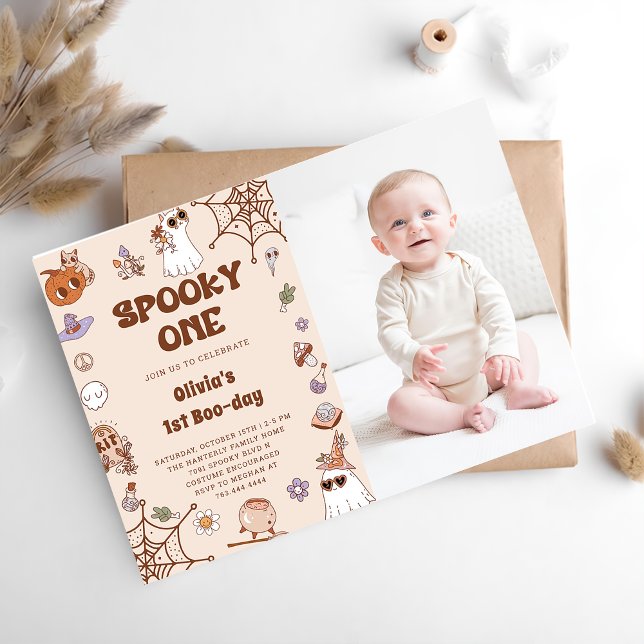 Spooky One Halloween Cute Ghost 1st Birthday Photo Invitation (Creator Uploaded)