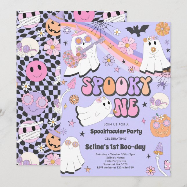 Spooky One Halloween Groovy Ghost 1st Birthday Invitation (Front/Back)