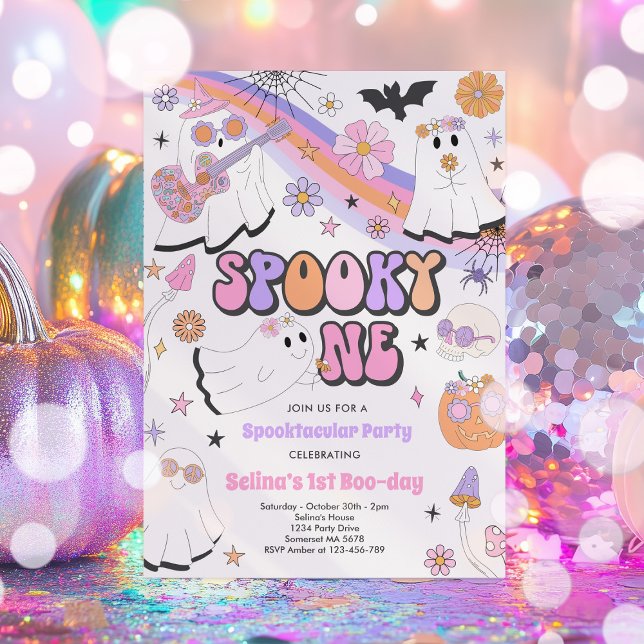Spooky One Halloween Groovy Ghost 1st Birthday Invitation (Creator Uploaded)