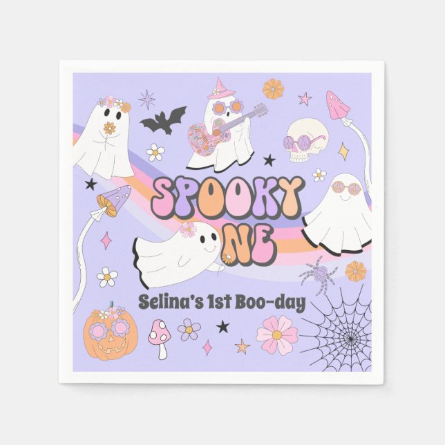 Spooky One Halloween Groovy Ghost 1st Birthday Napkin (Front)
