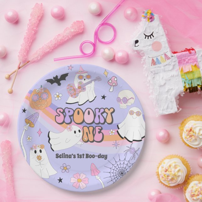 Spooky One Halloween Groovy Ghost 1st Birthday Paper Plate (Party)