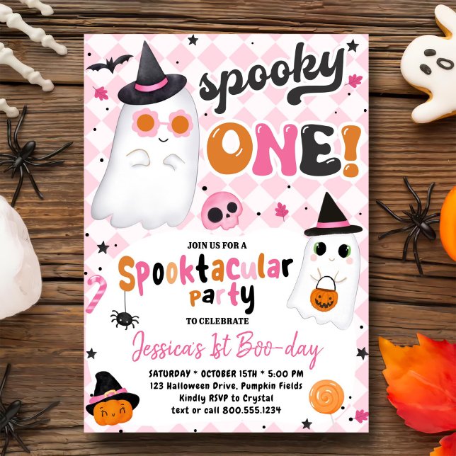 Spooky One Halloween Pink Cute Ghost 1st Birthday Invitation (Creator Uploaded)