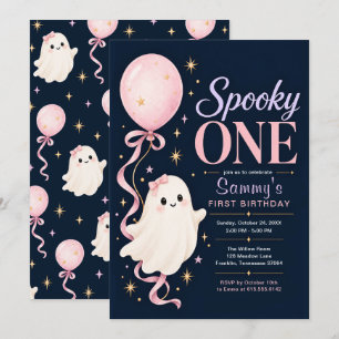 Spooky One Pink Ghost Halloween 1st Birthday Invitation
