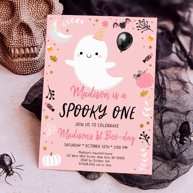 Spooky ONE Pink Ghost Halloween Birthday Invitation (Creator Uploaded)