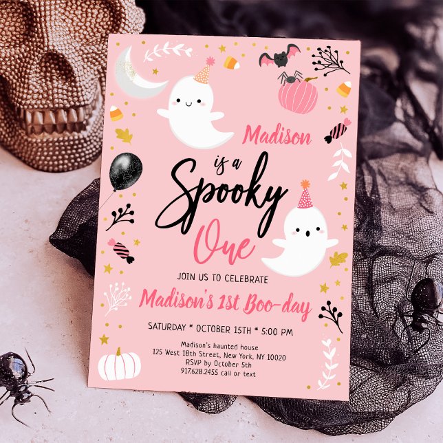 Spooky ONE Pink Ghost Halloween Birthday Invitation (Creator Uploaded)