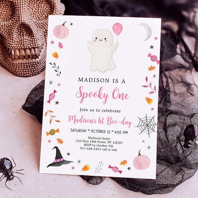 Spooky One Pink Ghost Halloween Birthday Invitation (Creator Uploaded)