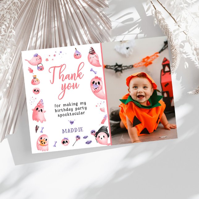 Spooky One Pink Halloween Ghost 1st Photo Birthday Thank You Card (Creator Uploaded)