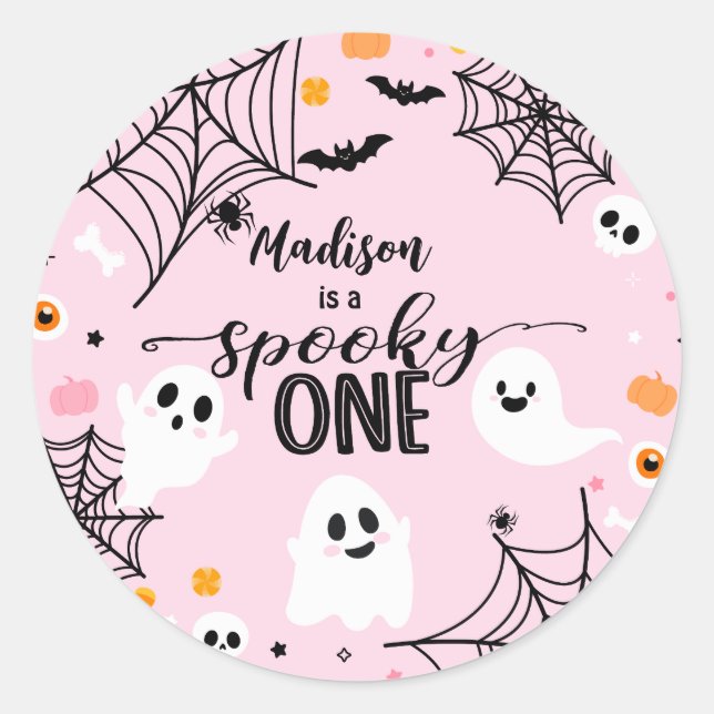 Spooky One Pink Halloween Ghost Classic Round Sticker (Front)