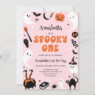 Spooky One Pink Halloween Photo 1st Birthday Invitation