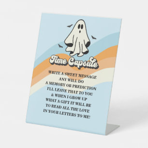 Spooky One Retro Ghost Birthday Time Capsule Pedestal Sign