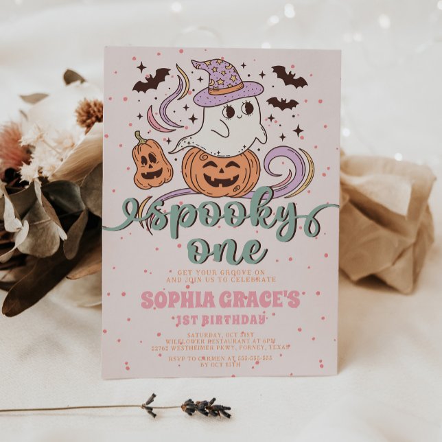 Spooky One Retro Ghost Halloween Birthday Party Invitation (Creator Uploaded)