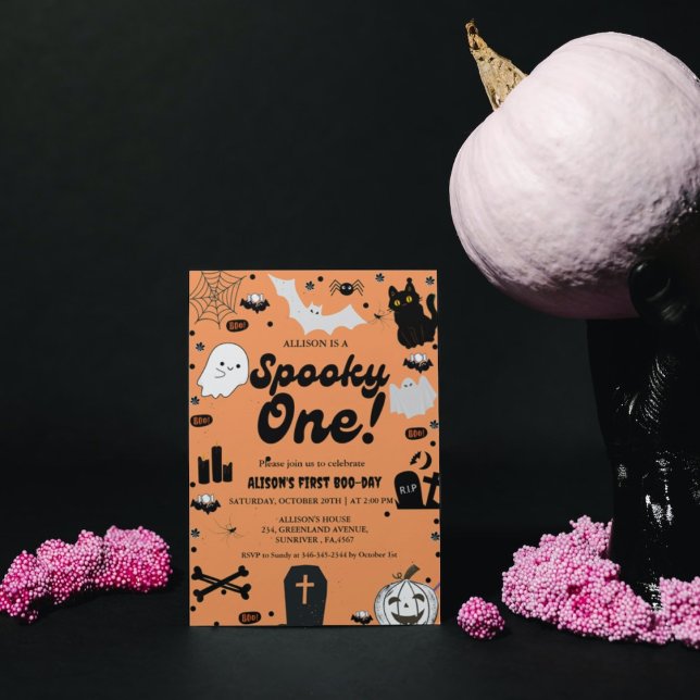Spooky One Retro Grovy Halloween Girl 1st Birthday Invitation (Creator Uploaded)