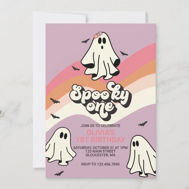 Spooky One Retro Halloween Ghost 1st Birthday Invitation (Front)