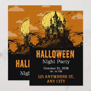 Spooky Orange and Black Haunted House Full Moon Invitation