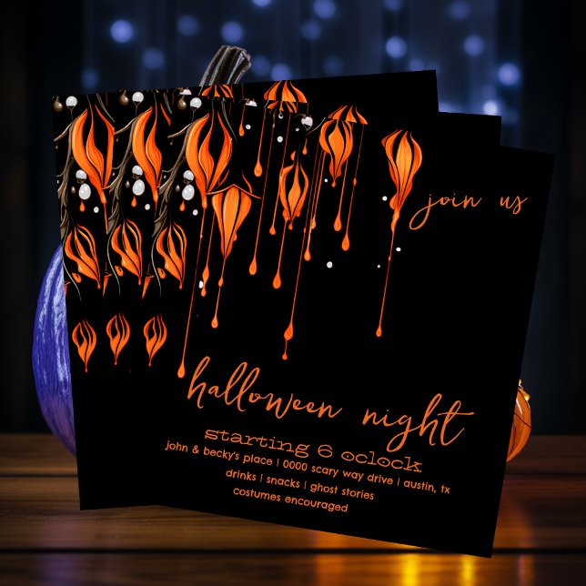 Spooky Orange and Black Paint Whimsical Halloween  Invitation (Enchanted spooky evening in orange and black Halloween night party invitation you customize. )