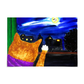 Spooky Orange Cat Looking at Full Moon Card