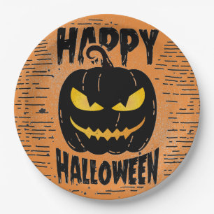 Spooky Orange Pumpkin Black Halloween party Paper Plate