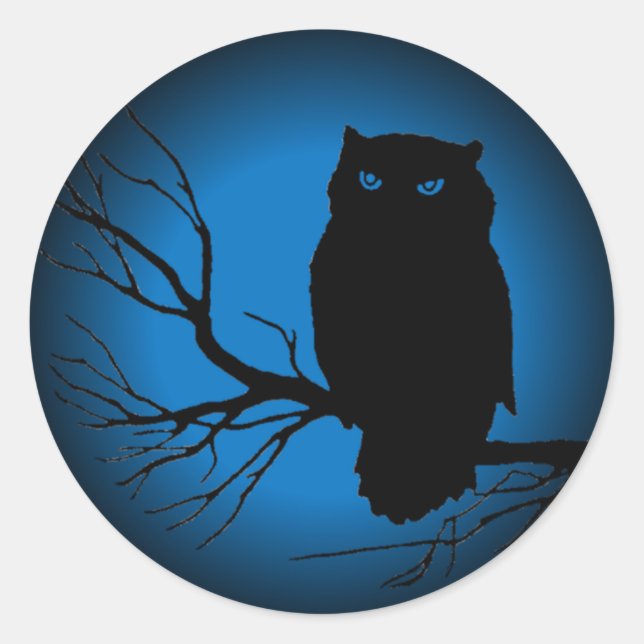 Spooky Owl Blue Moon Classic Round Sticker (Front)
