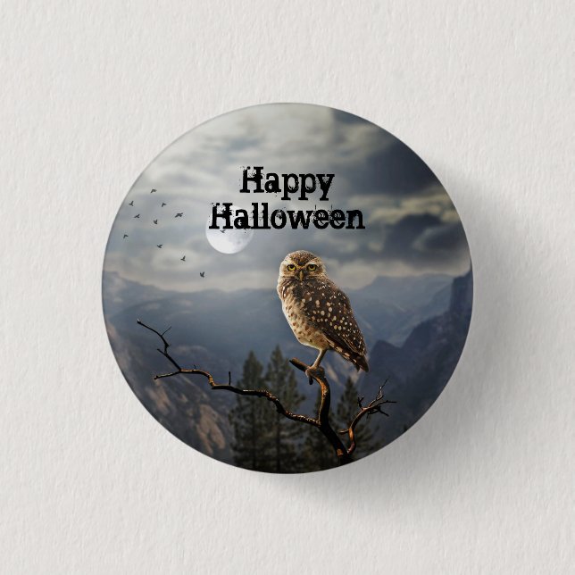 Spooky Owl Moon Graphic Halloween 1 Inch Round Button (Front)