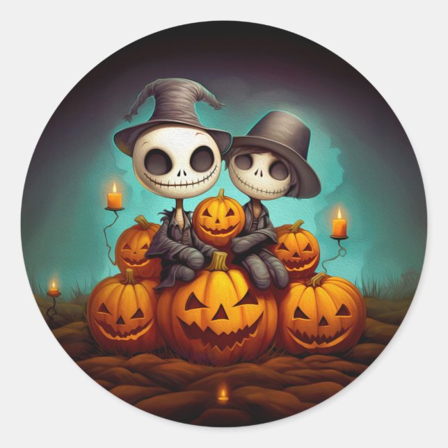 Spooky pagan friends celebrate happy Halloween Classic Round Sticker (Front)