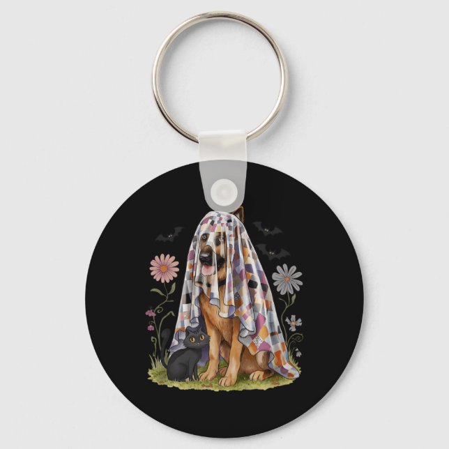 Spooky Patchwork Floral Ghost German Shepherd Dog Keychain (Front)