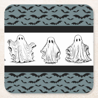 Spooky pattern with ghosts and bats square paper coaster
