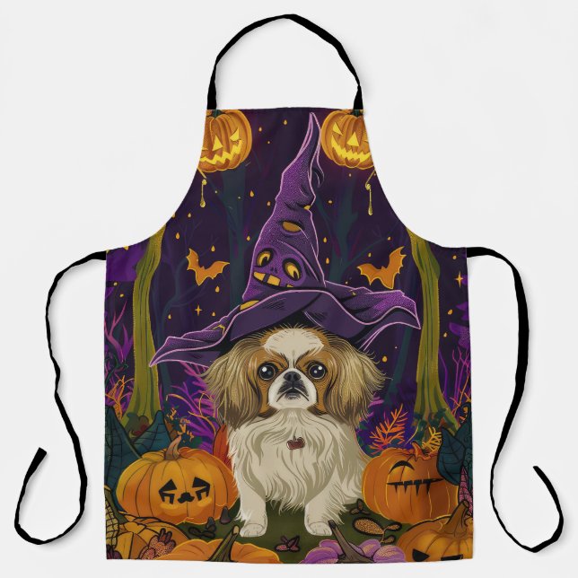 Spooky Pekingese Dog Halloween Witch And Pumpkin  Apron (Front)