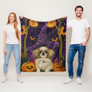 Spooky Pekingese Dog Halloween Witch And Pumpkin  Fleece Blanket