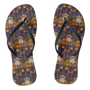 Spooky Pekingese Dog Halloween Witch And Pumpkin Flip Flops