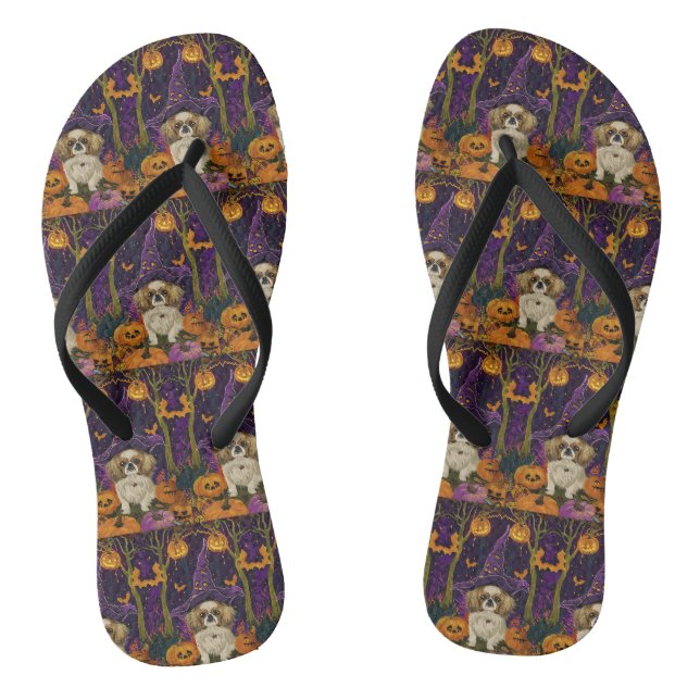 Spooky Pekingese Dog Halloween Witch And Pumpkin  Flip Flops (Footbed)