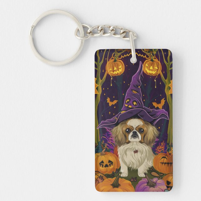 Spooky Pekingese Dog Halloween Witch And Pumpkin  Keychain (Front)