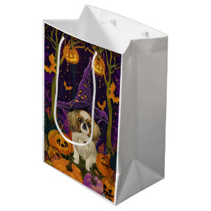 Spooky Pekingese Dog Halloween Witch And Pumpkin  Medium Gift Bag