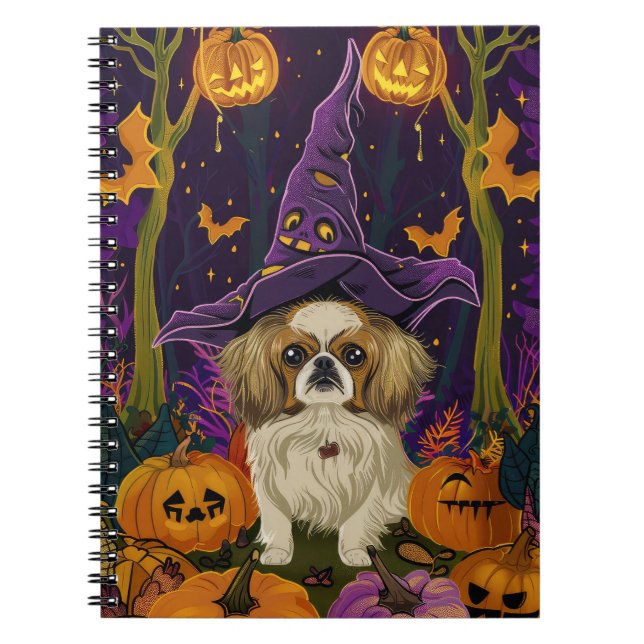 Spooky Pekingese Dog Halloween Witch And Pumpkin  Notebook (Front)