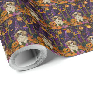 Spooky Pekingese Dog Halloween Witch And Pumpkin Wrapping Paper